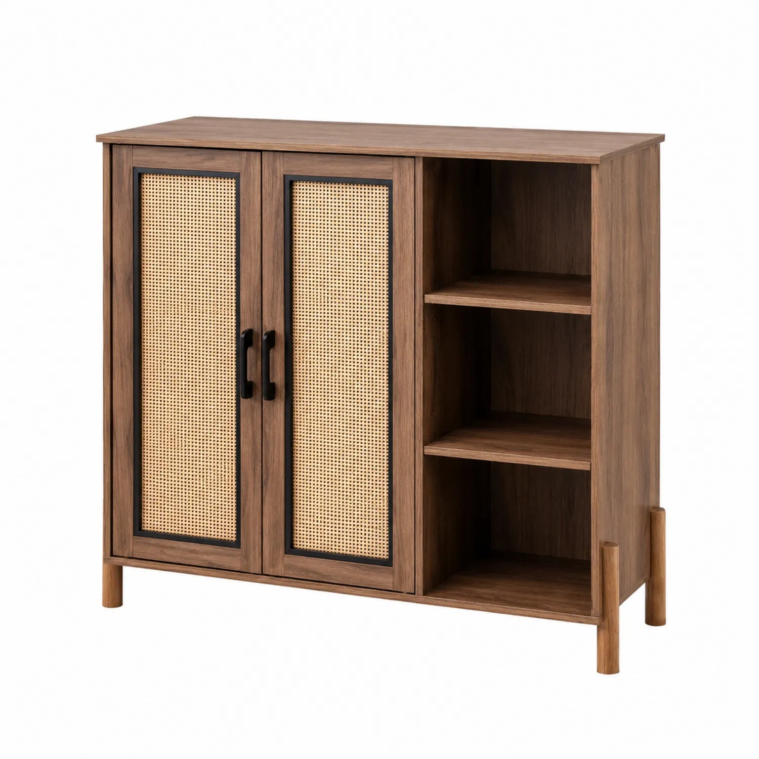 Buffet de rangement en bois avec portes en rotin et étagères
