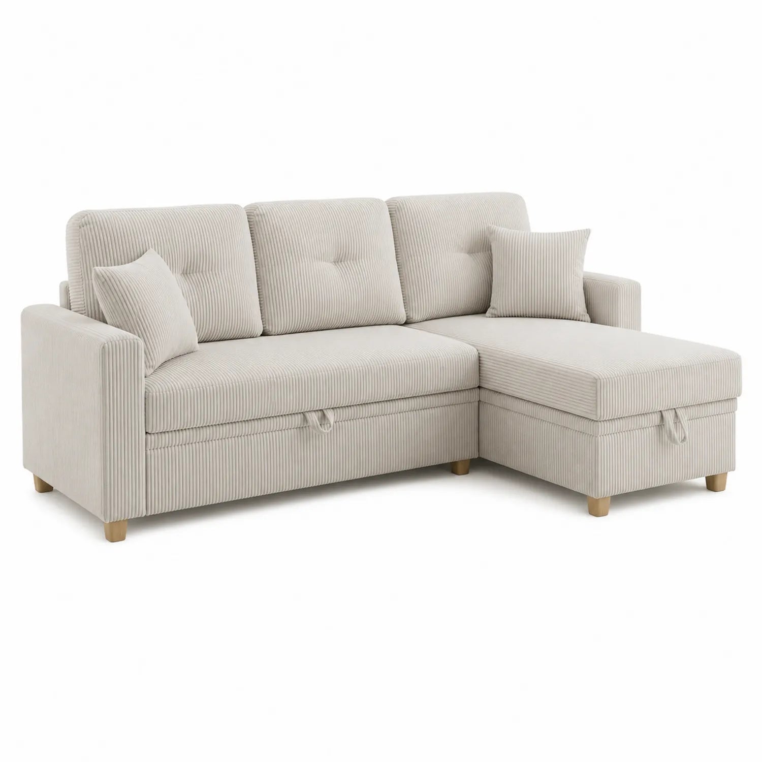 Canapé d'angle convertible en tissu côtelé beige