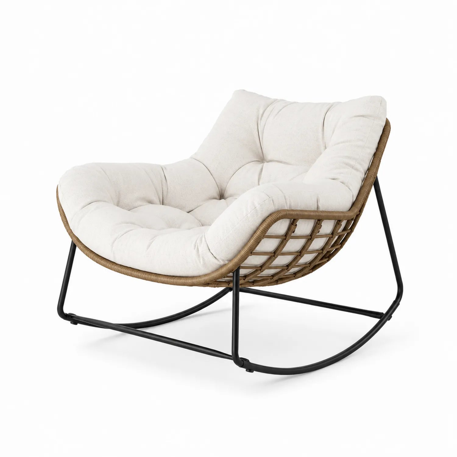 Chaise à bascule en métal et rotin avec coussin en polyester