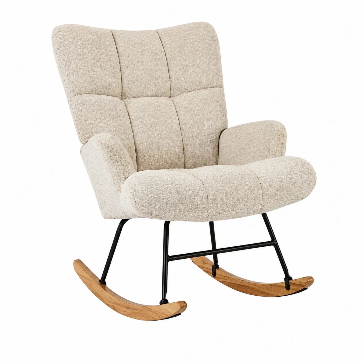 Fauteuil à bascule en bois et métal avec revêtement polyester beige