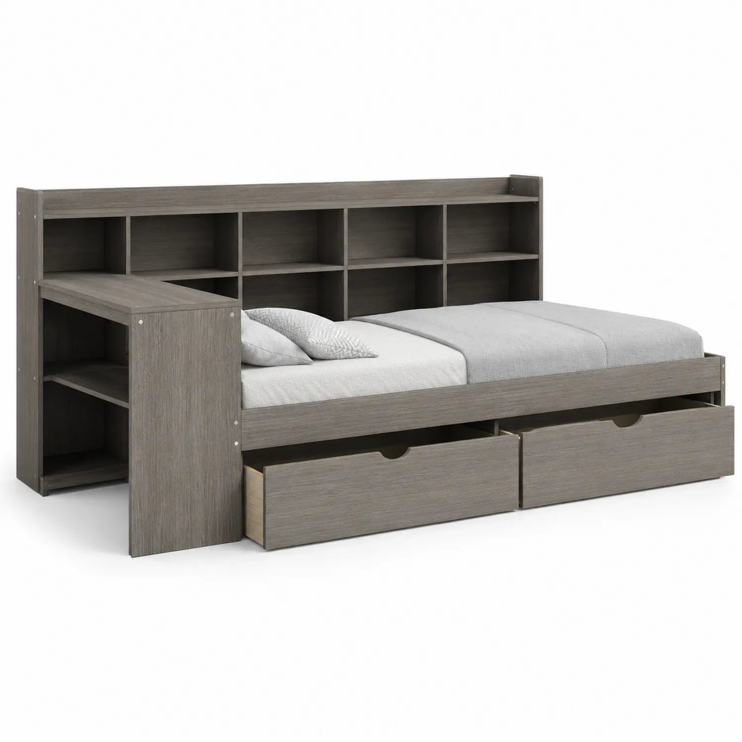 Lit en bois avec rangements intégrés et étagères