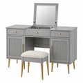 Coiffeuse en Bois avec Miroir et Tabouret Gris