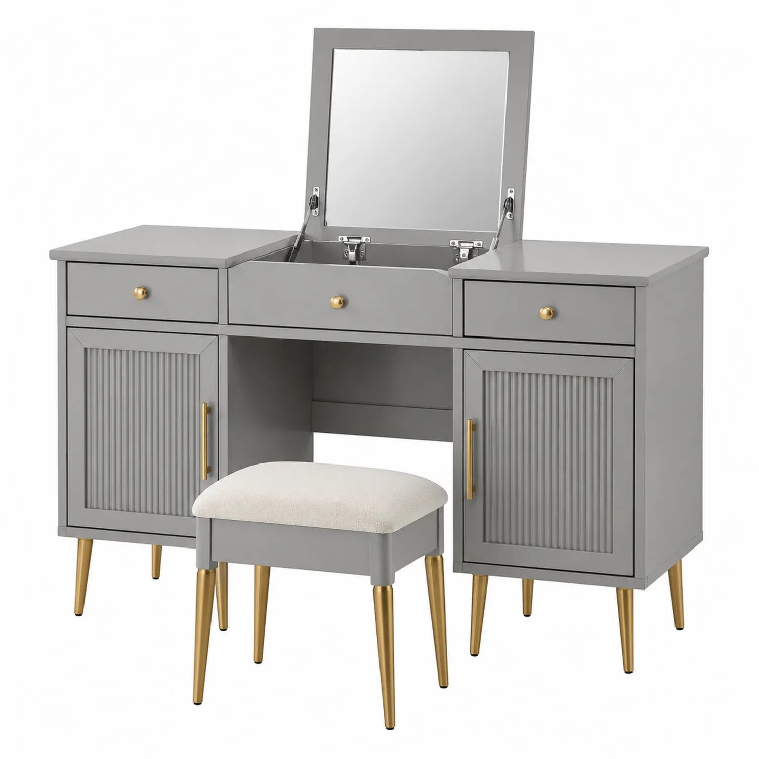 Coiffeuse en Bois avec Miroir et Tabouret Gris