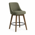 Tabouret de bar en tissu vert olive avec pieds en bois et repose-pieds en métal