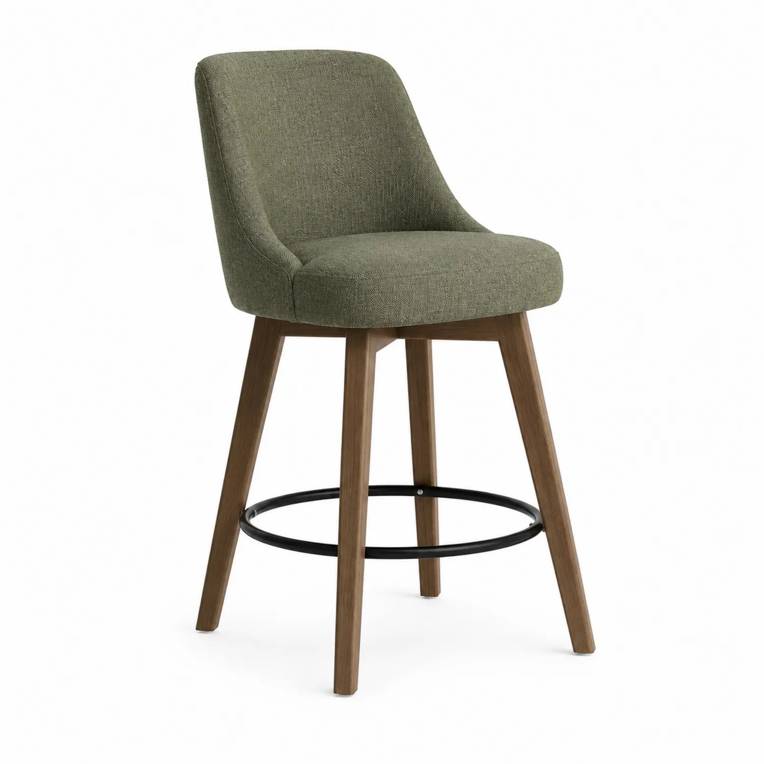 Tabouret de bar en tissu vert olive avec pieds en bois et repose-pieds en métal