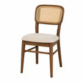 Chaise en bois avec dossier en rotin et assise en tissu beige