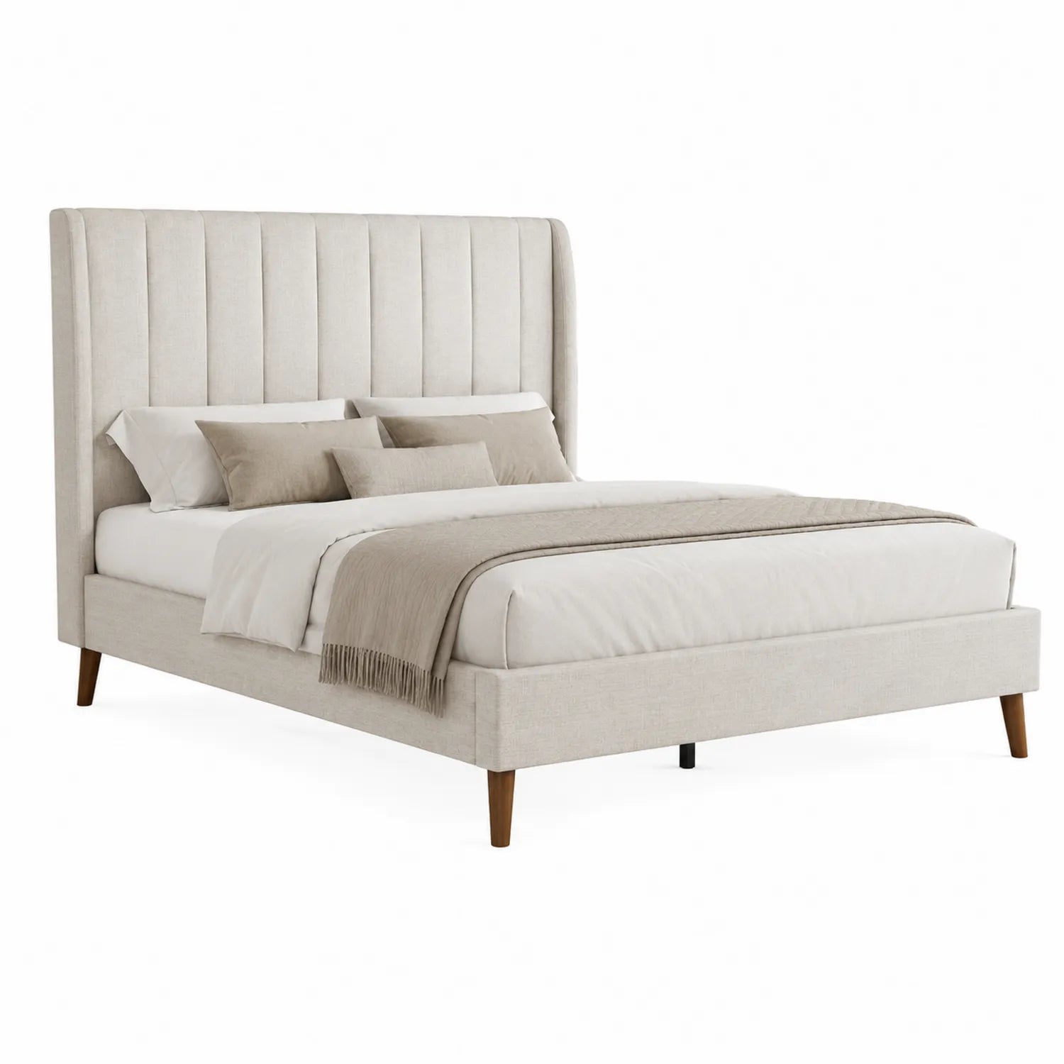 Lit double en tissu beige avec tête de lit haute