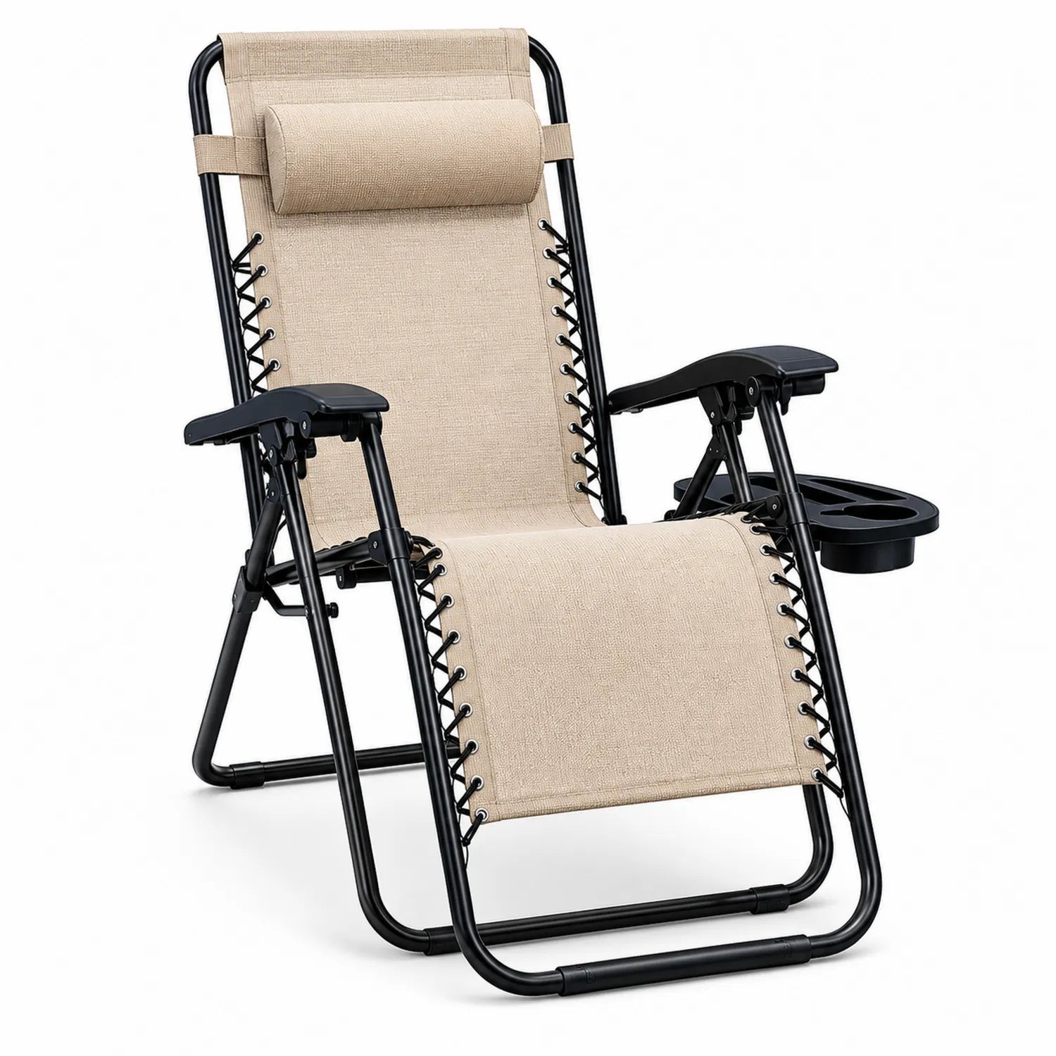 Chaise Longue Pliante en Métal avec Accoudoirs et Porte-gobelet Beige