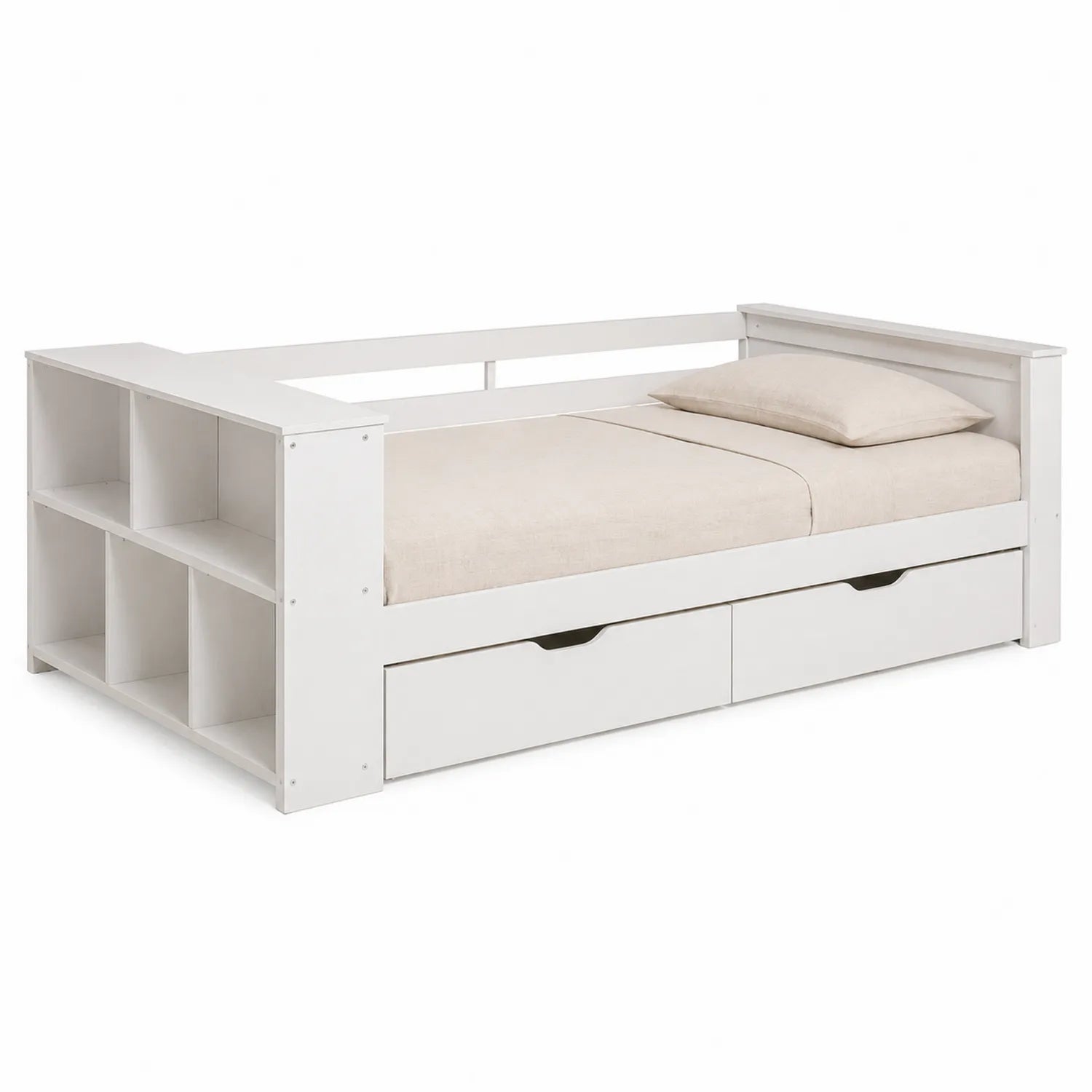 Lit banquette en bois avec étagères et tiroirs de rangement 90x200 cm