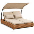 Lit de jour double en teck avec auvent en polyester beige