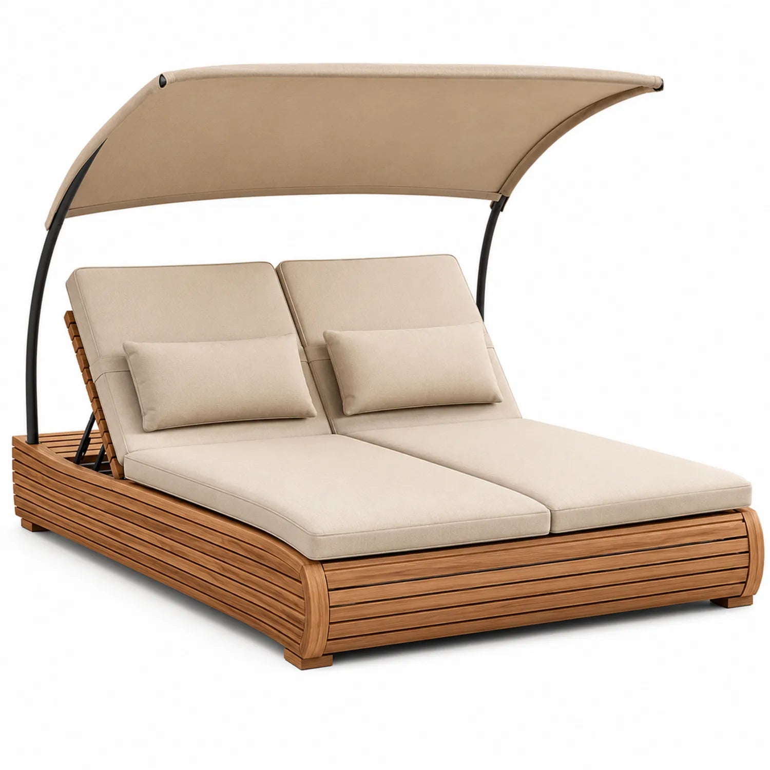 Lit de jour double en teck avec auvent en polyester beige