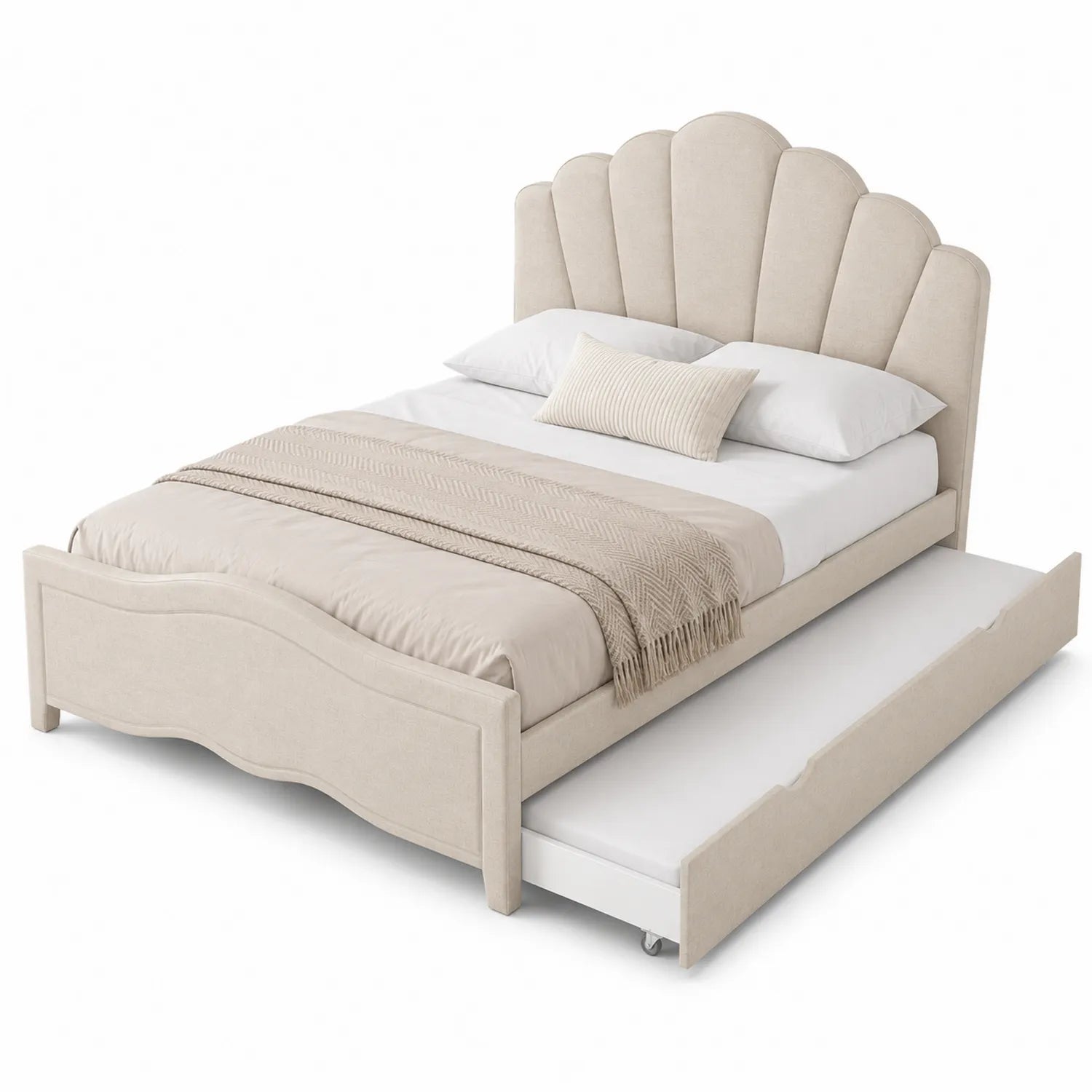 Lit double en lin avec tête de lit en éventail et lit gigogne beige