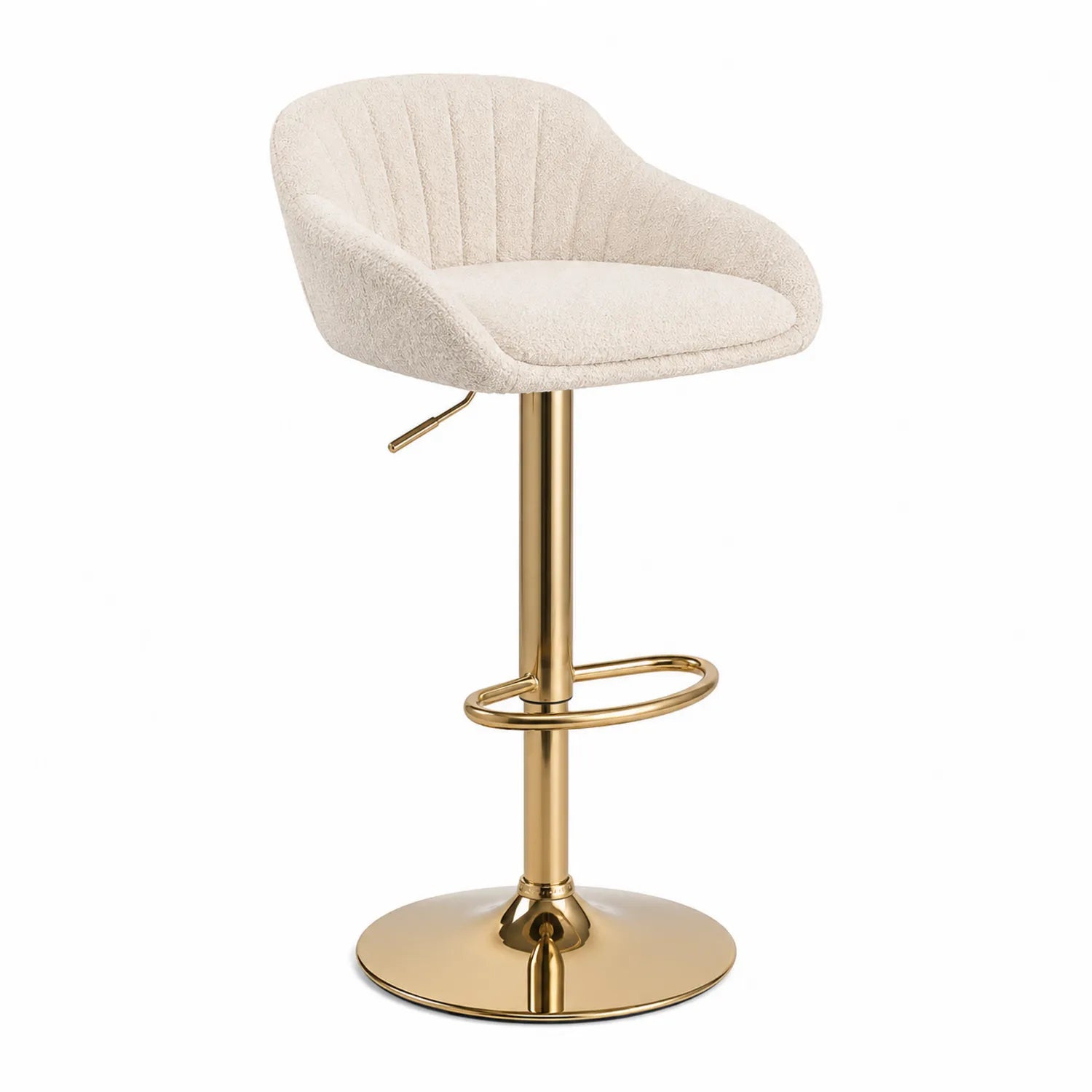 Tabouret de bar en tissu bouclé beige avec base en métal doré