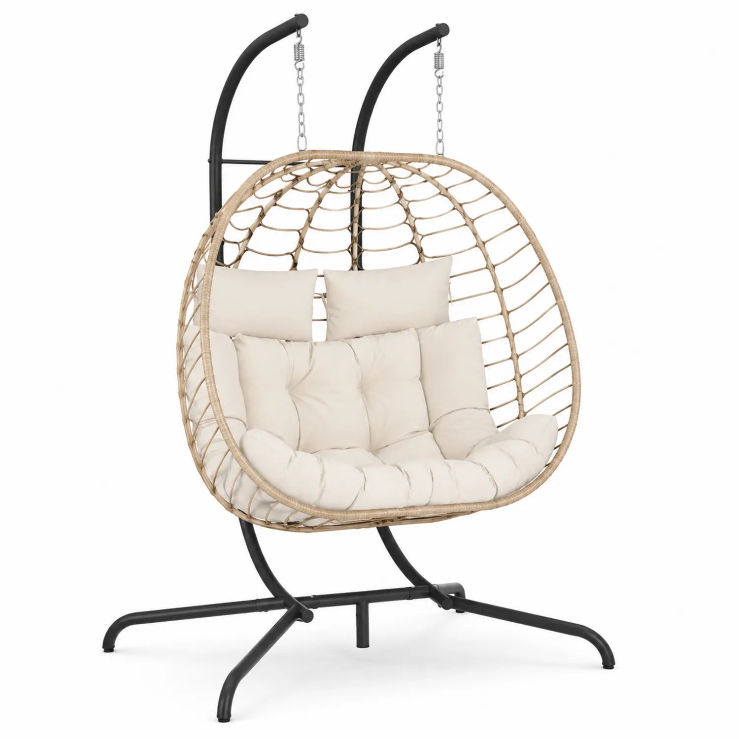 Chaise suspendue en acier et résine beige avec coussins