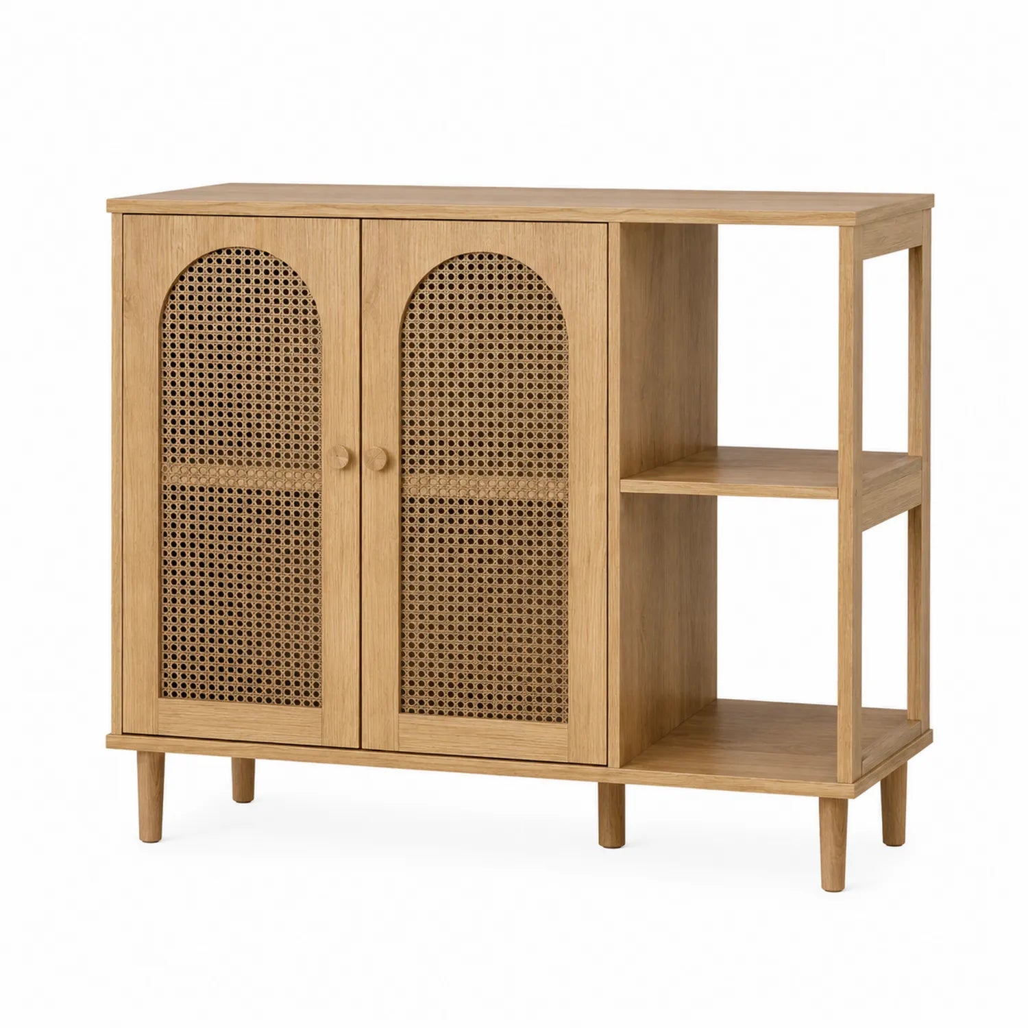 Buffet en bois avec portes en cannage et étagères ouvertes