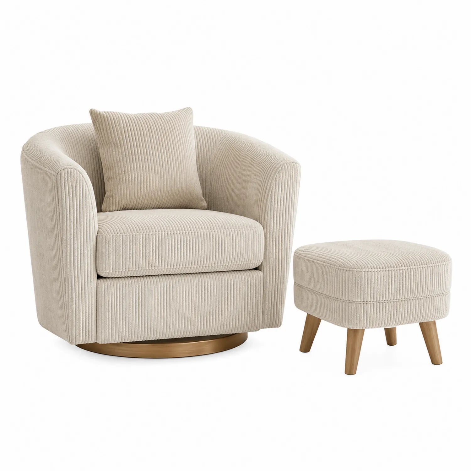 Fauteuil pivotant en velours côtelé beige avec repose-pieds