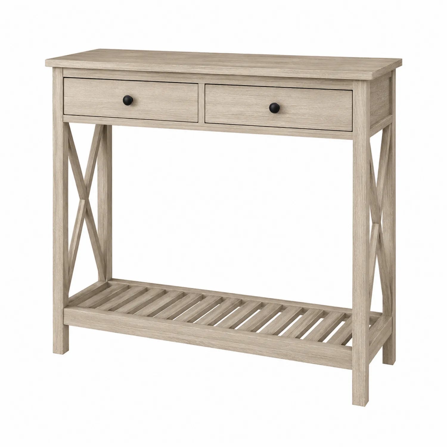 Console en bois avec 2 tiroirs et étagère Beige