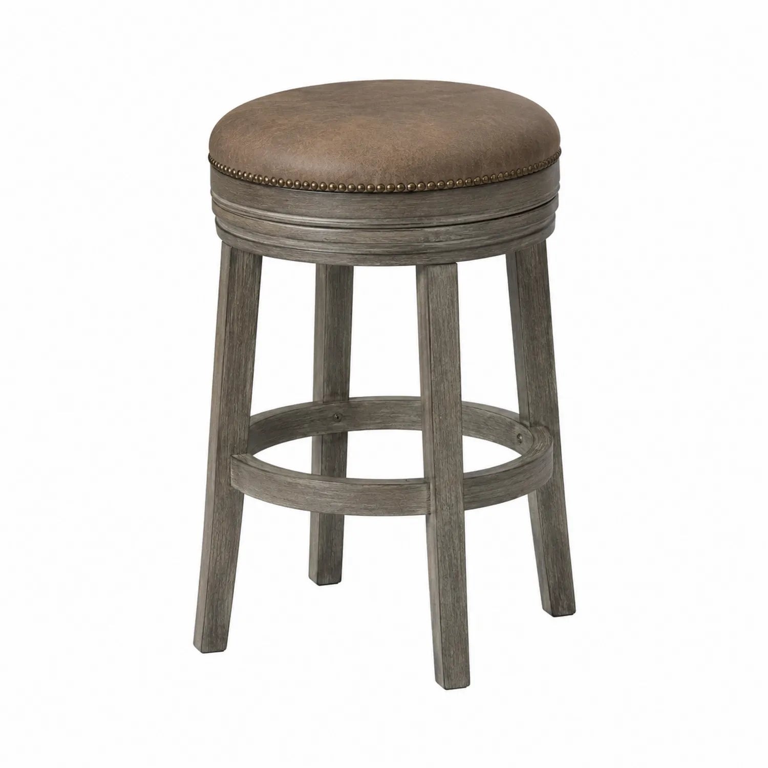 Tabouret de bar rond en bois avec siège en simili cuir marron