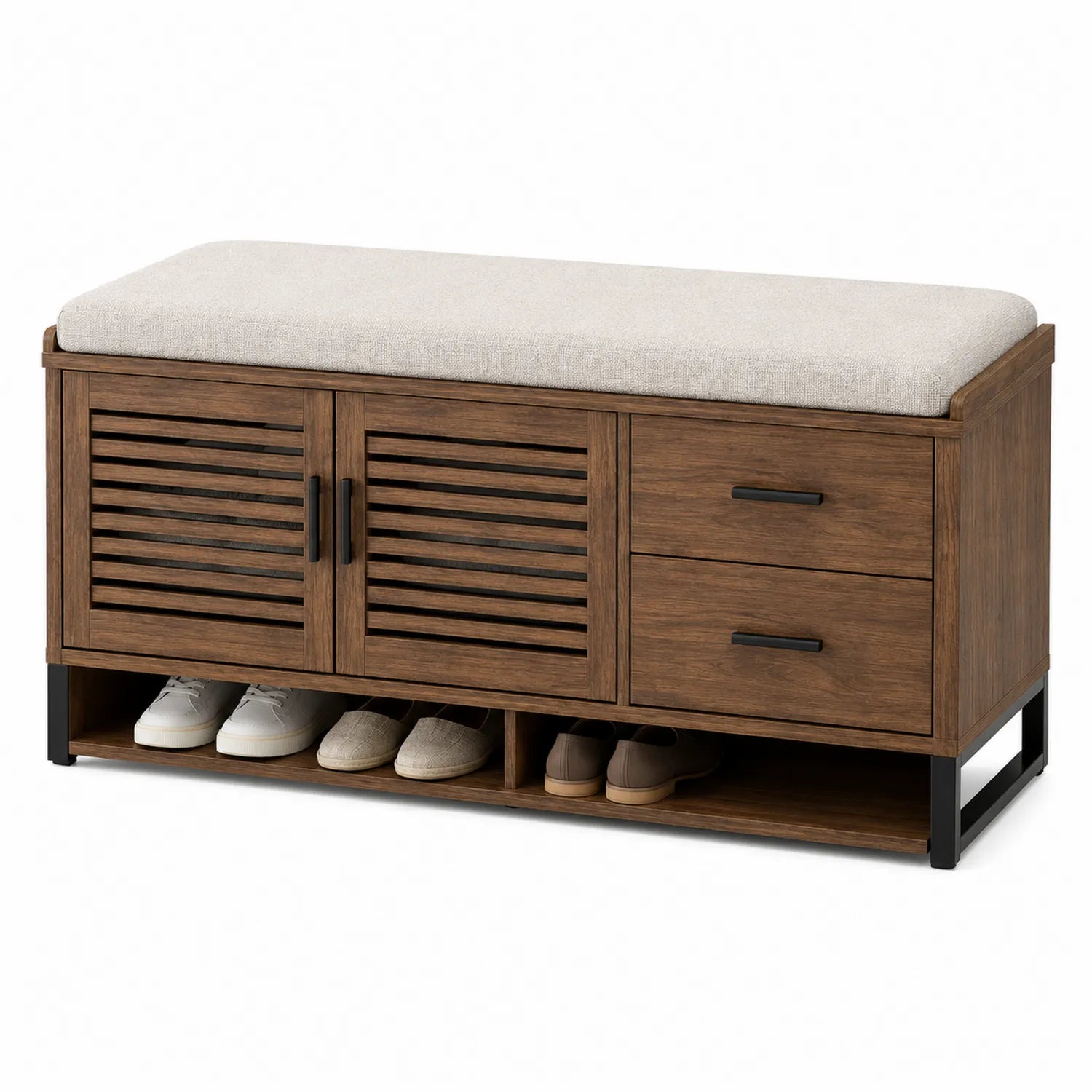 Banc de rangement en bois avec coussin en tissu polyester marron/beige